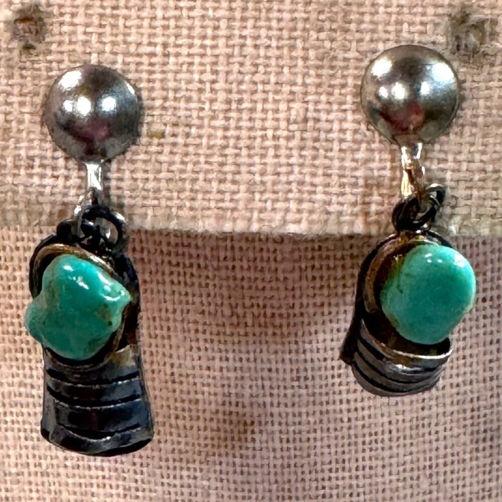 Old Pawn Vintage Screw Back Earrings Turquoise Stone Accents Dangle Southwestern